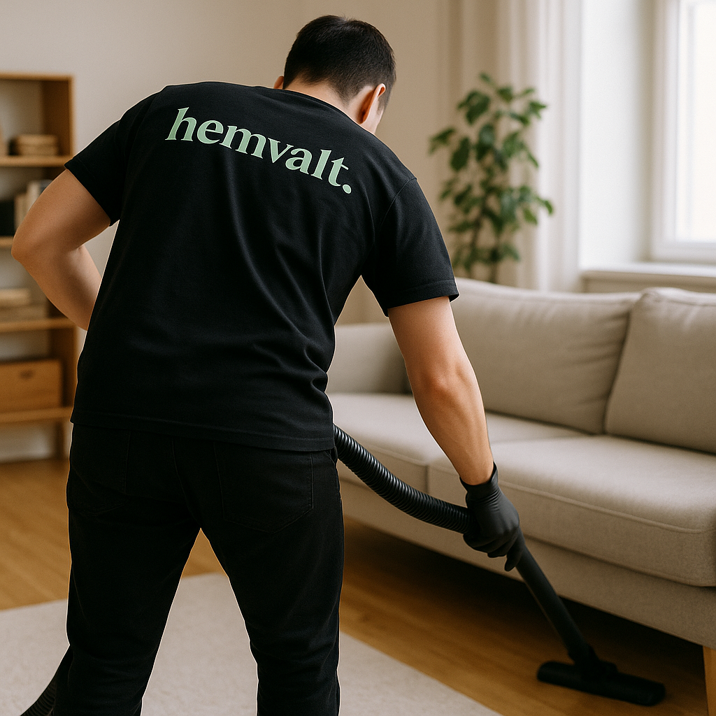 A group of three people in uniforms cleaning an indoor space filled with plants. One person is vacuuming with a wet/dry vacuum, while the others are tending to plants. The setting features a modern, well-lit environment with stairs in the background.